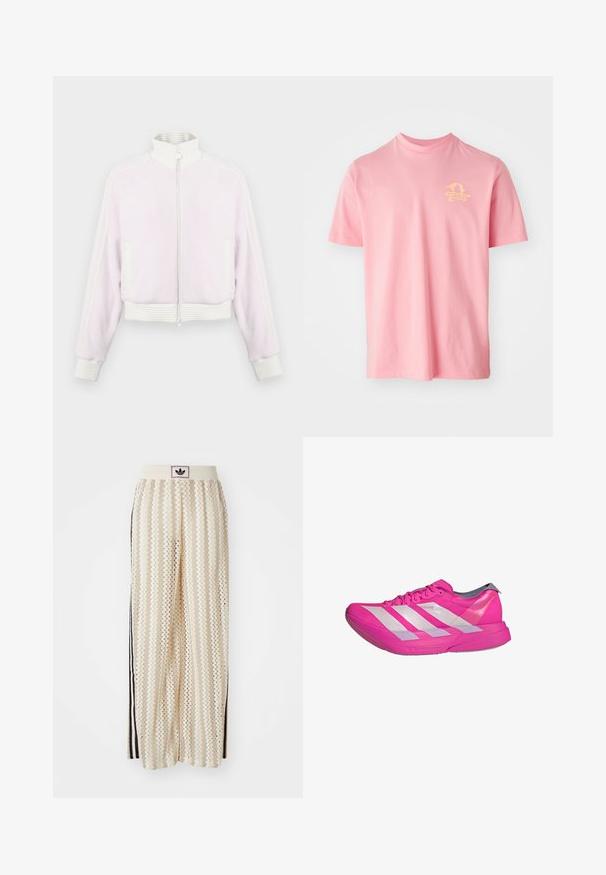 Jasnoróżowa kurtka z zamek z korduroy z białymi ściągaczami i kołnierzem. Posiada boczne kieszenie oraz paski przy ramionach.; Różowa koszulka z krótkim rękawem wykonana z mieszanki bawełny, z żółtą grafiką na górnej lewej części klatki piersiowej z motywem żaglówki. Okrągły dekolt.; Kremowe szerokie spodnie w stylu palazzo z wzorem w zygzak, z czarnym paskiem z logo oraz bocznymi czarnymi paskami. Lekki, teksturowany materiał.; adidas Performance ADIZERO ADIOS PRO 4 różowy neon