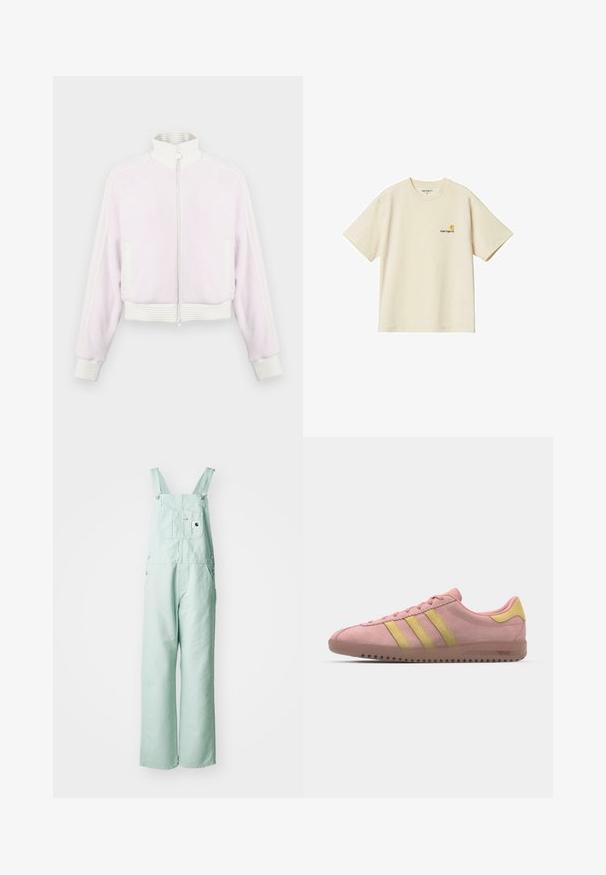 Gaisnā rozā kordūrjaka ar rāvējslēdzēju un baltajām ribotajām akcentiem un apkakli. Iezīmē sānu kabatas un svītrainu apdari plecu daļā.; Kremkrāsas kokvilnas T-krekls ar īsām piedurknēm un apaļu kakla izgriezumu. Uz kreisā krūškurvja ir neliels Carhartt logo oranžā krāsā.; Gai piparmētru zaļie kombinezoni, kas izgatavoti no izturīga auduma, ar regulējamiem plecu siksnām, krūšu kabatu un divām sānu kabatām.; Rozā zamša sporta apavi ar trim dzeltenām svītrām, noapaļota purngalu daļa un teksturēta gumijas zole. Zems profils ar mīkstinātu apkaklīti.