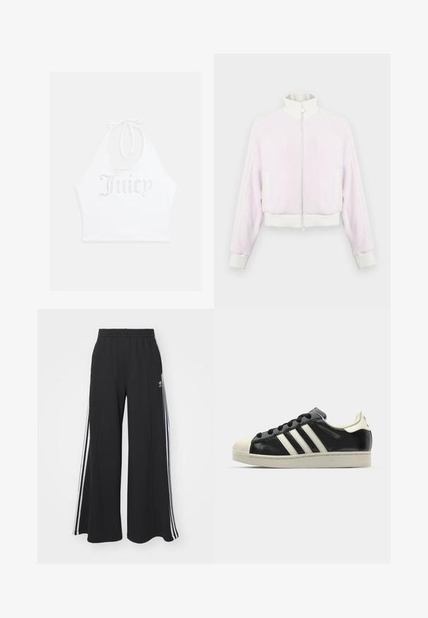 Hellrosa Cord-Jacke mit Reißverschluss und weißen gerippten Akzenten sowie Kragen. Verfügt über seitliche Taschen und gestreifte Details entlang der Schultern.; Weißes Haltertop aus weichem Stoff, mit Strassschriftzug "Juicy" auf der Vorderseite. Bindeverschluss am Hals für eine verstellbare Passform.; Schwarze weite Sweatpants mit elastischem Bund, versehen mit weißen Seitestreifen und einem gestickten Logo auf dem linken Oberschenkel.; Schwarze Ledersneaker mit weißen Streifen, Gummikappe, schwarzen Schnürsenkeln und einer cremefarbenen Sohle. Glatte Textur mit glänzender Oberfläche.