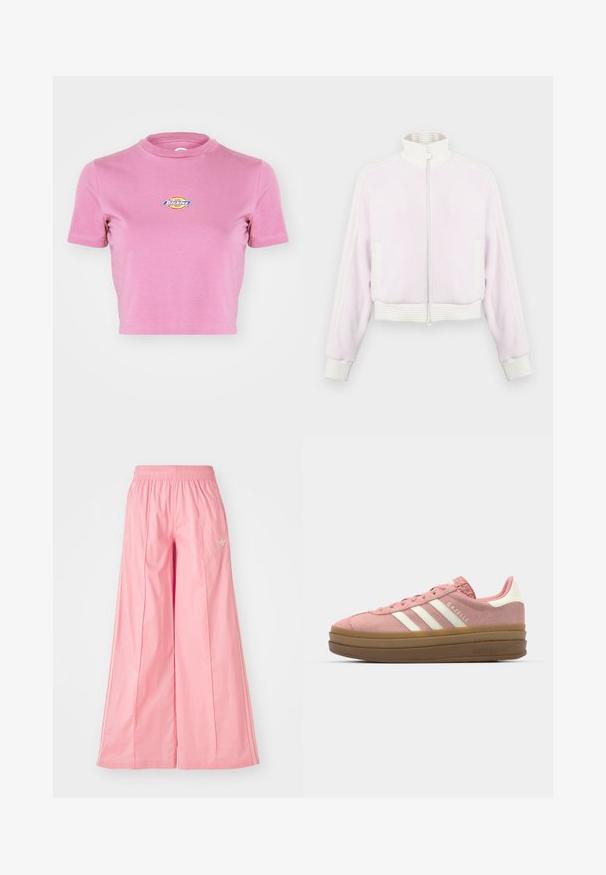 Ljusrosa kordjacka med dragkedja och vita ribbade detaljer och krage. Har fickor på sidorna och randiga detaljer längs axlarna.; Dickies MAPLE VALLEY - T-shirt med print - mellow mauve; Rosa vida byxor i lätt tyg, med resårmidja och subtila vita sidostrimlor. Litet logotyp på framsidan.; adidas Originals GAZELLE BOLD - Sneakers - mauve/off white