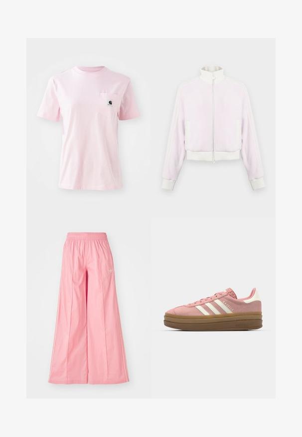 Gaisnā rozā kordūrjaka ar rāvējslēdzēju un baltajām ribotajām akcentiem un apkakli. Iezīmē sānu kabatas un svītrainu apdari plecu daļā.; Rozā kokvilnas t-krekls ar apaļu kakla izgriezumu, īsām piedurknēm un kreisajā krūtīs esošu kabatu ar nelielu logo uzlīmi. Gluda tekstūra.; Rozā platajā kājās bikses, kas izgatavotas no viegla auduma, ar elastīgu jostasvietu un smalkām baltām sānu svītrām. Mazs logo priekšā.; adidas Originals GAZELLE BOLD - Sporta apavi - mauve/off white