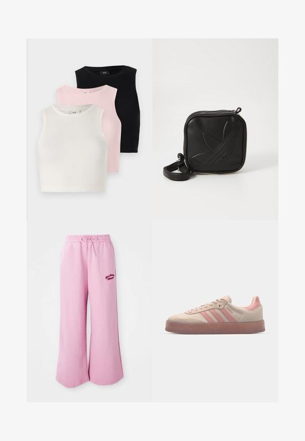 Light pink corduroy zip-up jacket with white ribbed accents and collar. Features side pockets and striped detailing along the shoulders.; Three sleeveless crop tops in a ribbed texture: white, light pink, and black. Each features a round neckline and a fitted design.; Light pink sweatpants made of soft fabric, featuring a wide leg design, elastic waistband with drawstring, and embroidered logo detail.; Beige suede sneakers with light pink accents, textured rubber sole, and three pink stripes on the side. Rounded toe and lace-up design.; Black square crossbody bag made of textured synthetic material. Features an embossed logo design and adjustable strap. Zipper closure.