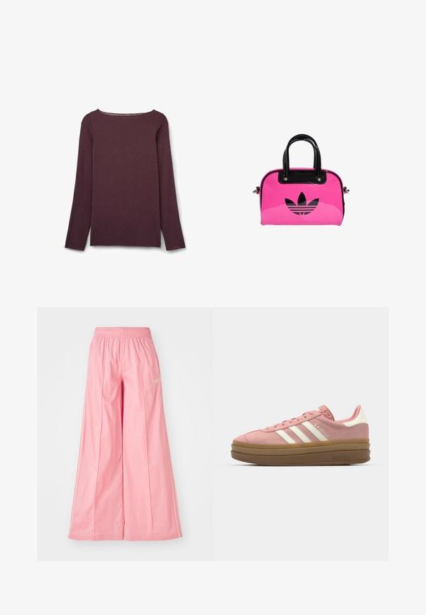 Světle růžová manšestrová bunda na zip s bílými žebrovanými akcenty a límcem. Má boční kapsy a pruhované zdobení podél ramen.; Halenka s dlouhými rukávy a výstřihem do lodičky v tmavě burgundské barvě, vyrobená z jemné látky s hladkou texturou a minimem švů.; Růžové kalhoty s volnými nohavicemi vyrobené z lehké látky, s elastickým pasem a jemnými bílými bočními pruhy. Malé logo na přední straně.; adidas Originals GAZELLE BOLD - Tenisky - mauve/off white; Růžová lakovaná kabelka s černým logem a uchy, zaoblený tvar a zipové zapínání. Lesklý povrch zvyšuje viditelnost.