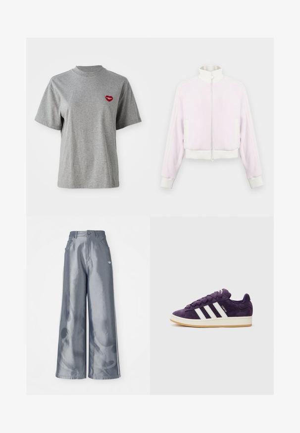 Hellrosa Cord-Jacke mit Reißverschluss und weißen gerippten Akzenten sowie Kragen. Verfügt über seitliche Taschen und gestreifte Details entlang der Schultern.; Graues kurzärmliges T-Shirt mit Rundhalsausschnitt und einem kleinen roten herzförmigen Patch auf der linken Brust, das "Carhartt WIP" zeigt.; Weite Hose aus glänzendem grauem Material, ausgestattet mit weißen seitlichen Streifen und einem Flammenmuster an den Unterschenkeln. Knopf- und Reißverschlussverschluss an der Taille.; Lila Wildlederschuhe mit weißen Streifen und Schnürsenkeln, ausgestattet mit einem strukturierten Obermaterial und einer hellen Gummisohle.