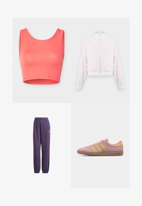 Giacca zip-up in corduroy rosa chiaro con accenti e colletto bianco a costine. Presenta tasche laterali e dettagli a righe lungo le spalle.; Top corto rosa realizzato in tessuto strutturato. Presenta un collo a giro e ampie aperture per le braccia, con un piccolo logo in evidenza sull'orlo.; Pantaloni sweatpants viola con vita e polsini elasticizzati, tasche laterali e dettaglio del logo bianco. Realizzati in un tessuto morbido e caldo per il massimo comfort.; Sneaker in suede rosa con tre strisce gialle, punta arrotondata e suola in gomma testurizzata. Design a profilo basso con collarino imbottito.