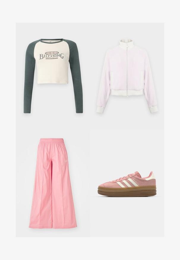 Svijetloružičasta kordura jakna na zatvarač s bijelim rebrastim detaljima i ovratnikom. Ima bočne džepove i prugasti detalj duž ramena.; Kratka majica dugih rukava s kremastim tijelom i tamnozelenim raglan rukavima. Ima klasični Billabong logo otisnut sprijeda.; Roze široke hlače napravljene od lagane tkanine, sa elastičnim pojasom i suptilnim bijelim bočnim prugama. Mali logo na prednjem dijelu.; adidas Originals GAZELLE BOLD - Tenisice - mauve/off white