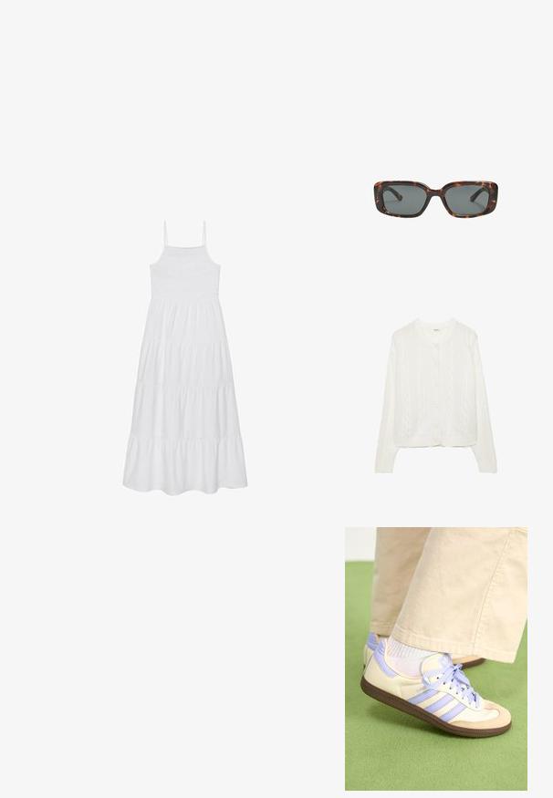 Hvid strikket cardigan med kabeldesign, rund hals og knaplukning. Har ribbede manchetter og kant for en tætsiddende pasform. Blød tekstur.; Hvid sommerkjole med spaghetti-stropper, smocked liv og lagdelt ruffle-design. Lavet af let stof, har en flydende A-formet silhuet.; Creme og lavendel sneakers med tre striber og en tekstureret brun sål, der har snørebånd og en polstret hæl. Blødt stof øvre.; Skildpaddedesolbriller med rektangulære linser, tykke stel og mørkt tonede linser. Glat tekstur og minimalistisk design.