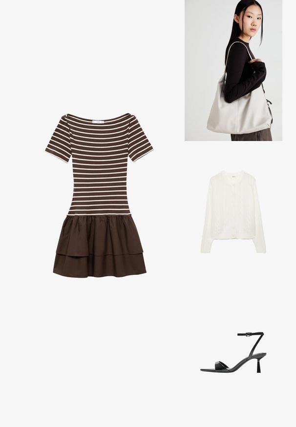 Cardigan bianco lavorato a maglia con design a trecce, colletto rotondo e chiusura con bottoni. Presenta polsini e orlo a costine per una vestibilità aderente. Texture morbida.; Abito corto a maniche corte a righe marroni e beige con scollatura a giro e gonna a balze sovrapposte.; Bershka Sandali con tacco - black; Borsa a mano beige realizzata in materiale morbido, caratterizzata da un design morbido, dettagli cuciti e due manici. Adatta per l'uso quotidiano.