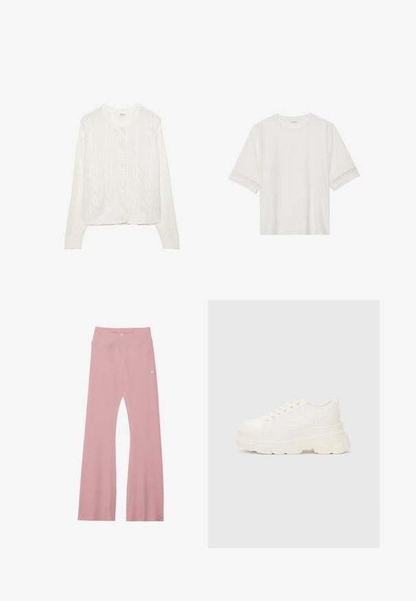 Witte gebreide cardigan met kabelontwerp, ronde hals en knoopsluiting. Voorzien van geribde manchetten en zoom voor een aansluitende pasvorm. Zachte textuur.; Witte korte mouwen t-shirt van katoen, met een decoratieve kantafwerking langs de mouwen en een ronde halslijn.; Lichtroze geribde leggings met een brede tailleband, voorzien van een kruisontwerp en verstevigde stiksels langs de benen voor duurzaamheid.; Witte canvas sneaker met een stevige zool, ronde neus en vijf gaatjes voor veters. Achterste tab voor gemakkelijk aan- en uittrekken. Vloeibare textuur, minimalistisch ontwerp.