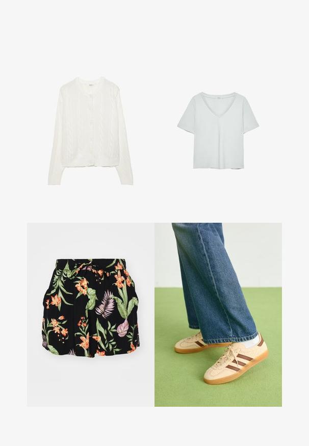 White knitted cardigan with a cable design, round neck, and button closure. Features ribbed cuffs and hem for a snug fit. Soft texture.; Light gray short-sleeve T-shirt with a V-neckline, made from soft material; features a relaxed fit and clean stitching with no patterns.; Black shorts featuring a colorful floral pattern with orange and green elements, elastic waistband with a drawstring, and side pockets.; Beige sneakers with textured cream panels and brown stripes, paired with blue denim jeans. The jeans have a wide leg and frayed hem.