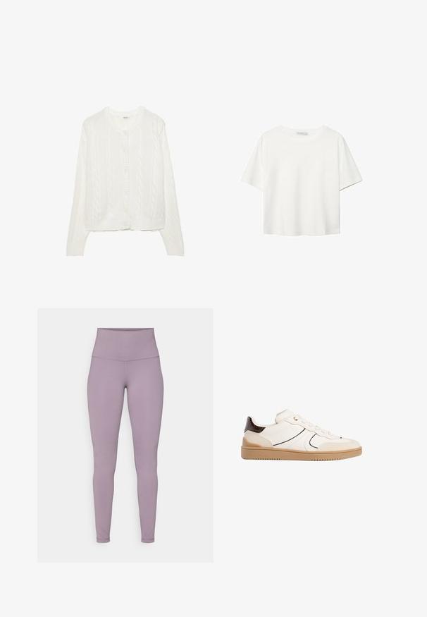 Biely pletený cardigan s kabelovým vzorom, okrúhlym výstrihom a zapínaním na gombíky. Má rebrované manžety a lem pre tesný strih. Mäkká textura.; Biela krátkopsová tričko vyrobené z bavlny. Má okrúhly výstrih a voľný strih. Hladká textúra bez viditeľných vzorov alebo akcentov.; Vysoké legíny levandulovej farby vyrobené z elastického materiálu s hladkou textúrou a bez viditeľných vzorov alebo kovových doplnkov.; Stradivarius Tenisky - white