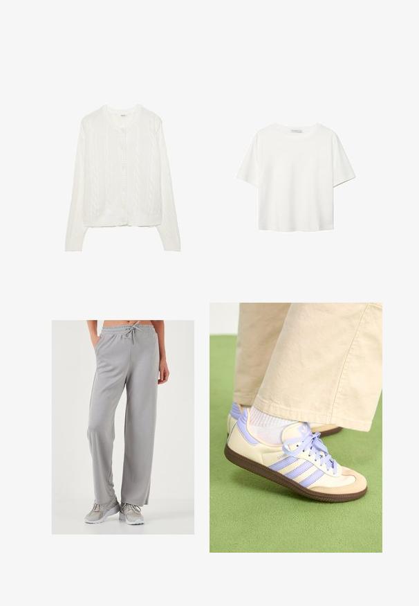 Valkoinen neulecardigan, jossa on kaapelin muotoilu, pyöreä kaula-aukko ja napitus. Varteenotettavat hihansuut ja helma tarjoavat tiukan istuvuuden. Pehmeä rakenne.; Valkoinen lyhythihainen T-paita, joka on tehty puuvillasta. Siinä on pyöreä kaula-aukko ja rento malli. Silkkinen pinta ilman näkyviä kuvioita tai koristeita.; Vaaleanharmaat leveälahkeiset collegehousut pehmeästä ja sileästä kankaasta; varustettu joustavyötäröllä, jossa on nyöri, ja sivutaskuilla.; Kermasilta ja laventelilta näyttävät lenkkarit kolmella raidalla ja teksturoidulla ruskealla pohjalla, varustettuna nauhoilla ja pehmustetulla kantapäällä. Pehmeä kangaspinta.