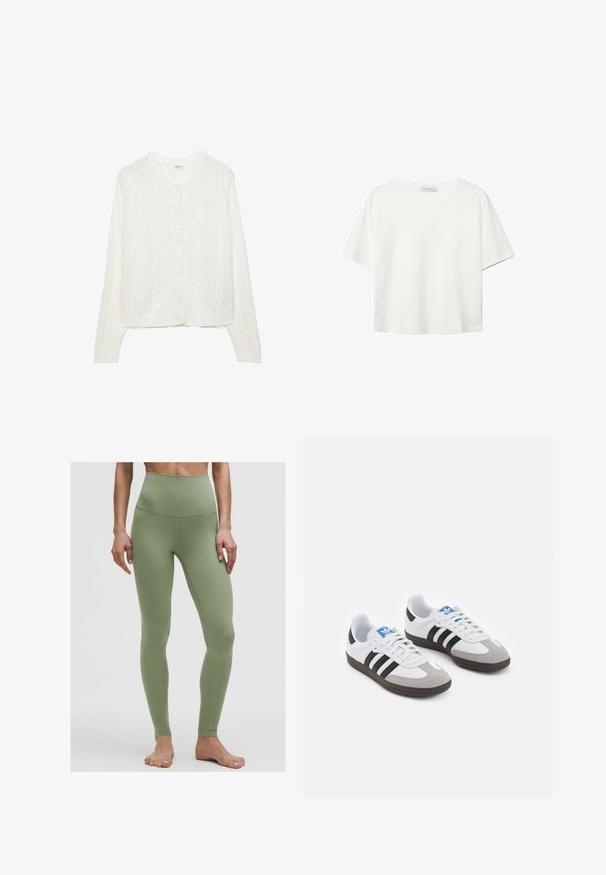 Bela pletena jopica s kabelskim vzorcem, okroglim ovratnikom in zapiranjem na gumb. Ima rebraste manšete in robove za udobno prileganje. Mehka tekstura.; Bela kratka majica s kratkimi rokavi iz bombaža. Ima okroglo izrezovanje in sproščen kroj. Gladka tekstura brez vidnih vzorcev ali poudarkov.; Visoke olivnozelene legice iz elastičnega materiala, ki imajo gladek, raven pas in zožene hlačnice. Brez vidnih logotipov ali vzorcev.; Športni čevlji z belim usnjenim zgornjim delom, sivim semišem na prstih in tremi črnimi črtami. Imajo modro logo na jeziku in teksturiran gumijast podplat.