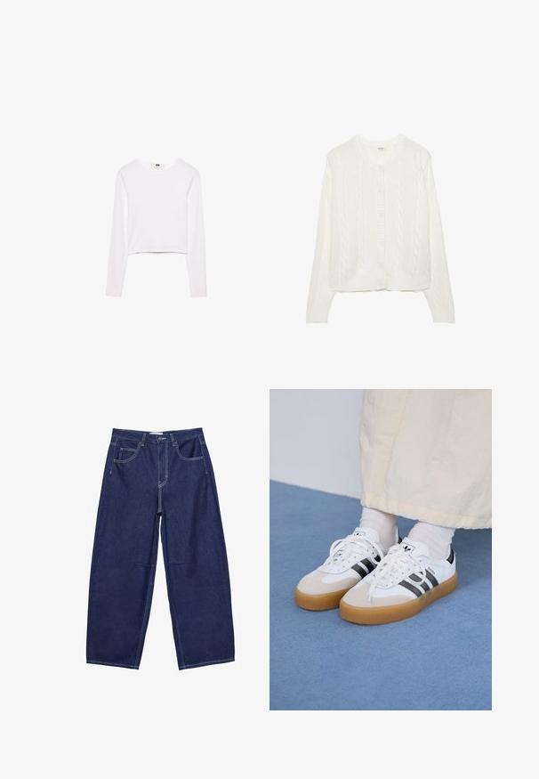 Biały sweter zapinany na guziki, z dzianiną w warkoczowy wzór, okrągłym dekoltem i zapinany na guziki. Posiada ściągacze przy mankietach i u dołu dla lepszego dopasowania. Miękka faktura.; Biały długi rękaw crop top wykonany z miękkiego materiału. Posiada okrągły dekolt oraz prosty, elegancki fason bez wzorów czy ozdób.; Granatowe dżinsowe spodnie z szerokimi nogawkami i wysokim stanem, pięć kieszeni oraz kontrastowe białe szwy. Gładka faktura, klasyczny design.; Białe sneakersy z czarnymi paskami i beżowymi zamszowymi akcentami. Posiadają teksturowaną gumową podeszwę i płaskie białe sznurowadła, noszone z jasnymi skarpetami.