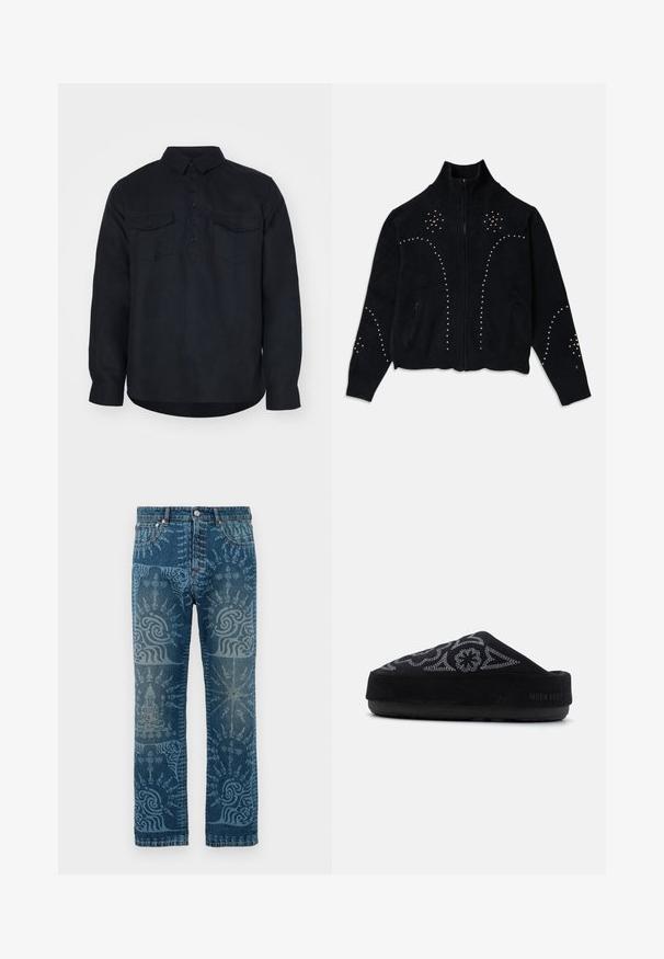 Musta neulepaita korkealla kauluksella, täyspitkällä vetskarilla ja koristeellisia niittejä, jotka on järjestetty kukkakuvioksi etuosassa ja hihoissa.; Tummansininen pitkähihaisen paidan valmistettu rakenteellisesta kankaasta, jossa on napitettava etuosa, kaksi rintataskua ja klassinen kaulus.; Dungarees denim dengan warna biru medium, menampilkan pola biru muda yang rumit, desain kaki lurus, gaya lima kantong klasik, dan penutupan kancing.; Mustat mokkanahkasaappaat, joissa on brodeerattu kuvio, pyöreä kynsi, paksu pohja ja teksti "MOON BOOT" kannassa. Strukturoidun pinta.