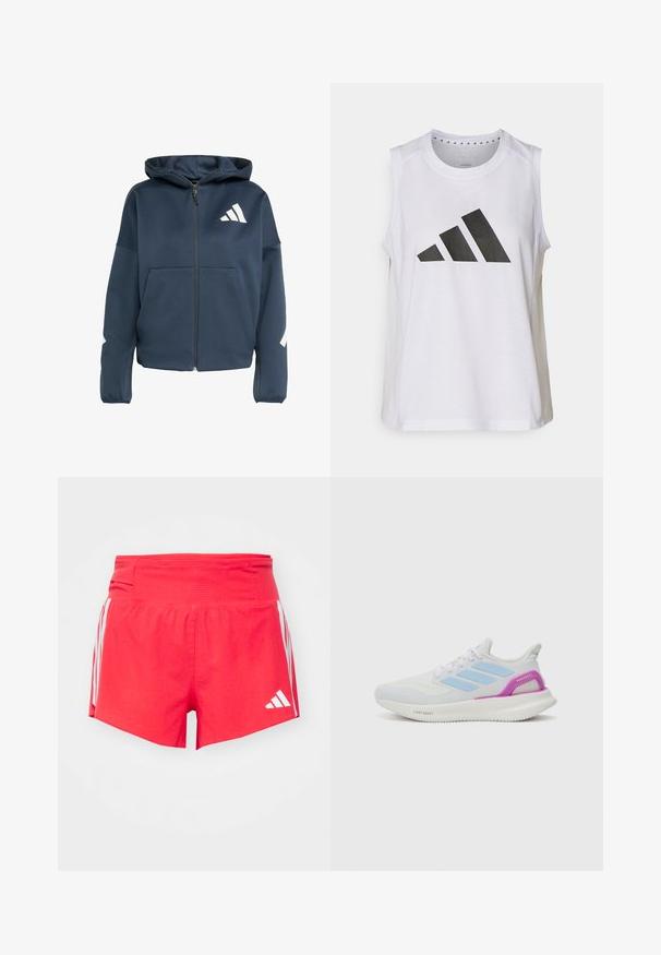 Sudadera con capucha de color azul marino con cremallera, que presenta el logotipo blanco de Adidas y acentos en los hombros, dos bolsillos frontales y una tela suave y texturada.; Top atlético blanco sin mangas con escote redondo, que presenta un gran logo de Adidas en negro compuesto por tres franjas en la parte frontal.; Pantalones cortos deportivos rojos con una tela texturizada, que presentan una cinturilla ancha y franjas laterales blancas con acentos de logo.; adidas Performance PUREBOOST 5 - Zapatillas running asfalto - white/glow blue/purple burst