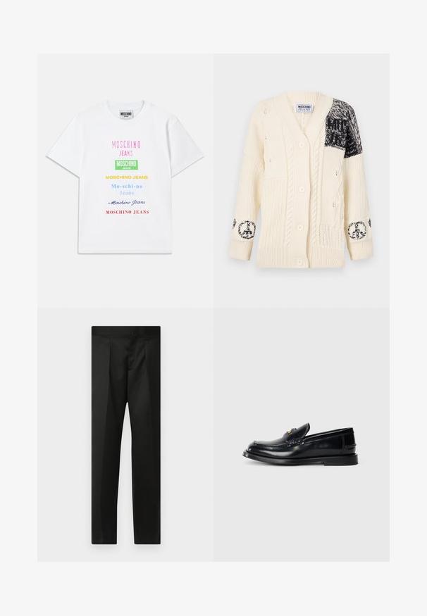 Kremkrāsa cardigan ar kabelveida adījuma dizainu, melniem rakstainiem akcentiem uz piedurknēm un piecām pogām priekšpusē. Unikāla faktūras apdare visā virsmas garumā.; Balts kokvilnas T-krekls ar vairākiem tekstu logotipiem rozā, zaļā, dzeltenā, zilā un sarkanā krāsā, kas sakārtoti vertikāli uz priekšpuses.; Melnas bikses ar gludu audumu, pielāgotu dizainu, taisnām kājām un platu jostu bez redzamām aizdaram vai kabatām.; Melna ādas loaferi ar izšuvuma dizainu, nelielu priekšējo atloku un plakanu gumijas zoli. Gluda tekstūra ar zeltainām detaļām.