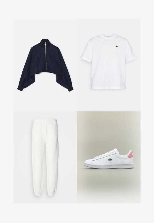 Tumesinine lühike tõmblukuga jakk, mis on valmistatud siledast kangast, funktsioneerib kõrge kraega, langenud õlgadega ja delikaatse logodetailiga rinnal.; Valge puuvillane T-särk ümmarguse kaelusega ja lühikeste varrukatega. Rinnal on roheline tikandiga logo. Pehme tekstuur, vabalt langev lõige.; Valged dressipüksid pehmest kootud kangast. Elastne vöökoht ja mansetid tagavad mugava istuvuse. Minimalistlik disain, ilma silmapaistvate mustrite või aktsentideta.; Valge nahast tennisekeng, millel on roosa kannatugevus, roheline logo ja nöörimise disain. Sile tekstuur, ümar toe ja kummist tallad.