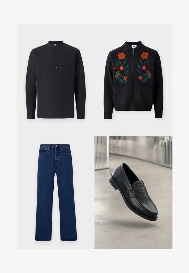 Mustatus kardigan, millel on eeslukuga avamine, krae, oranž ja roheline lilleline tikand, soonikkoes varrukad ja allserv, ning kaks esist pocketit.; Mustikas pikkade varrukatega särk, mis on valmistatud kergetest materjalidest, millel on seisva krae ja kaeluses neli pruuni nööpi.; Tumedast sinisest denimist teksapüksid, sirge jala lõikega, millel on oranž õmblus, nööbiväli ja kaks esimest taskut kontrastsete nupukestega.; Mustast nahast mokassiin, sileda tekstuuri, terava ninaga ja kaunistava paelaga kanna peal. Kerge tallaga, minimalistlik disain.