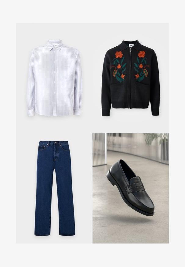 Černý kardigan se zipem vpředu, límečkem, květinovou výšivkou v oranžové a zelené barvě, žebrovanými manžetami a lemem a dvěma předními kapsami.; Pruhovaná košile na knoflíky ve světle modré a bílé barvě. Obsahuje špičatý límec, dlouhé rukávy a jednu kapsu na prsou. Bavlněná tkanina.; Bílé bavlněné tílka, bez rukávů, kulatý výstřih, hladká textilie, vyrobená z měkkého, lehkého materiálu. Zobrazeny dva kusy.; Tmavě modré džíny v rovného střihu, s oranžovým šitím, knoflíkovým zapínáním a dvěma předními kapsami s kontrastními nýty.; Černá kožená mokasína s hladkou texturou, špičatou špičkou a ozdobným páskem přes nárt. Lehká podrážka, minimalistický design.