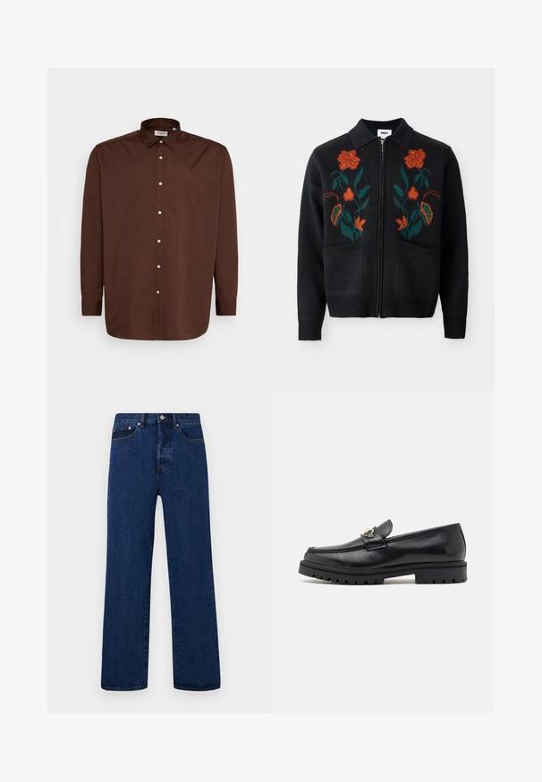 Črn cardigan z zadrgo spredaj, ovratnikom, cvetličnim vezenjem v oranžni in zeleni barvi, rebrastimi manšetami in robom ter dvema sprednjima žepoma.; Rjava srajca s prsnim ovratnikom, dolgimi rokavi in gladko teksturo tkanine. Ima bele gumbe vzdolž spredaj.; Beli bombažasti topi brez rokavov, okrogli ovratnik, enostavna tekstura, izdelani iz mehkega, lahkotnega blaga. Prikazani sta dve kosi.; Temno modri denim kavbojki s ravnim rezom, ki vključujejo oranžno šivanje, gumbasto zapiranje in dva sprednja žepa z kontrastnimi nitmi.; Črne usnjene loafersice z gladko površino, okroglo združeno, dekorativno sponko z zlatimi detajli in trdim črnim podplatom.