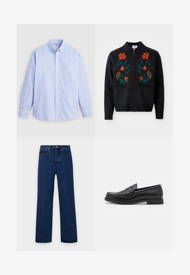 Juodas kardiganas su užtrauktuku priekyje, apykakle, oranžiniais ir žaliais gėlėmis siuvinėtas, su briaunotais rankogaliais ir apačia bei dviem priekinėmis kišenėmis.; Šviesiai mėlynas ilgomis rankovėmis mygtukų marškinis, pagamintas iš medvilnės, su klasikiniu apykakle ir subtilia prekės ženklą atitinkančia siuvinėta emblema kairėje krūtinės pusėje.; Balti balti medvilniniai tankiai, be rankovių dizainas, apvalus kaklas, vientisas paviršius, pagaminti iš minkštos, lengvos medžiagos. Pavaizduoti du vienetai.; Tamsiai mėlynos džinsinės kelnės su tiesiu kirpimu, su oranžiniais siūlais, mygtukų užtrauktuku ir dviem priekinėmis kišenėmis su kontrastingais nago laikikliais.; Juodi odiniai loaferiai, pasižymintys elegantišku dizainu, su apvaliu pirštu, siuvinėjimais ir žemu blokuotu kulnu. Sklandžią struktūrą ir minimalias akcentus.