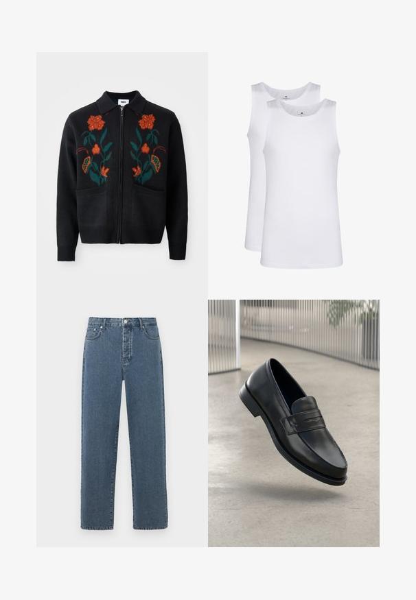 Czarny kardigan z zamkiem z przodu, kołnierzem, haftem kwiatowym w pomarańczowym i zielonym, ściągaczami przy mankietach i u dołu oraz dwoma przednimi kieszeniami.; Białe bawełniane topy na ramiączkach, bez rękawów, okrągły dekolt, gładka faktura, wykonane z miękkiej, lekkiej tkaniny. Wyeksponowane dwa egzemplarze.; Niebieskie dżinsy o prostym kroju, z zamkiem błyskawicznym, szlufkami na pasek i pięcioma kieszeniami. Materiał wykazuje lekkie wyblaknięcie i fakturę.; Czarna skórzana wsuwana półbut, o gładkiej fakturze, spiczastym nosku i ozdobnym paskiem na podbiciu. Lekka podeszwa, minimalistyczny design.