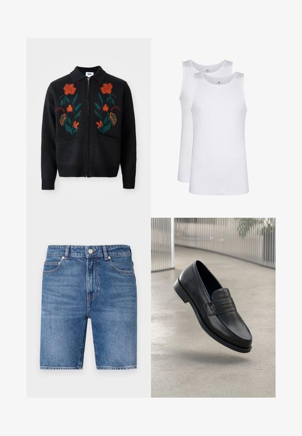 Černý kardigan se zipem vpředu, límečkem, květinovou výšivkou v oranžové a zelené barvě, žebrovanými manžetami a lemem a dvěma předními kapsami.; Bílé bavlněné tílka, bez rukávů, kulatý výstřih, hladká textilie, vyrobená z měkkého, lehkého materiálu. Zobrazeny dva kusy.; Džínové šortky ve středně modré barvě s rovný střih, pět kapsami a zapínáním na horní knoflík. Mají kontrastní prošívání.; Černá kožená mokasína s hladkou texturou, špičatou špičkou a ozdobným páskem přes nárt. Lehká podrážka, minimalistický design.