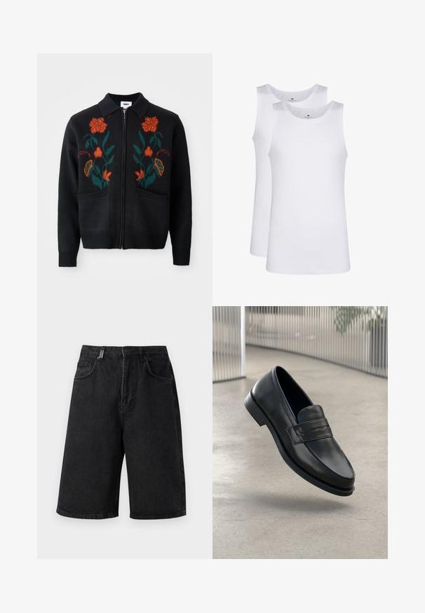 Melnas kardigānas ar rāvējslēdzēju priekšā, apkakli, ziedu izšuvumu oranžā un zaļā krāsā, ribota aproce un apakšmala, kā arī divas priekšējās kabatas.; Baltās kokvilnas bezpiedurkņu krekli, ar apaļu kakla izgriezumu, vienkārša tekstūra, izgatavoti no mīksta, viegla auduma. Parādīti divi eksemplāri.; Melni denim šorti ar brīvu piegriezumu, vidēja augstuma jostasvietu, piecām kabatām un jostas cilpiņām. Audumam ir gluda tekstūra un smalkas diegu šuves detaļas.; Melns ādas mokasīns ar gludu tekstūru, smails purngalu un dekoratīvu siksnu pāri pakavsaitam. Viegls zole, minimāls dizains.
