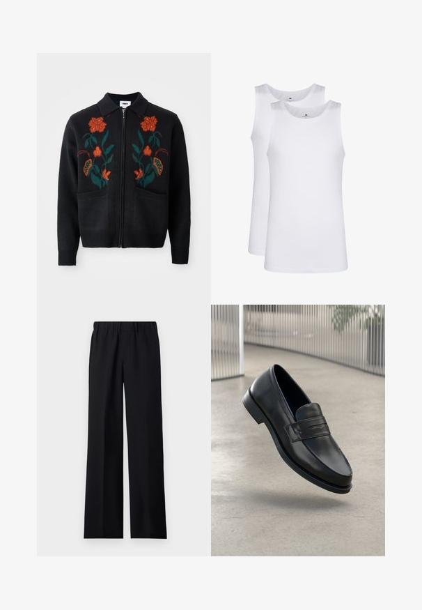 Black cardigan with zip front, collar, floral embroidery in orange and green, ribbed cuffs and hem, and two front pockets.; White cotton tank tops, sleeveless design, round neck, plain texture, featuring a soft, lightweight fabric. Two pieces displayed.; sandro LARGE - Trousers - noir; Black leather loafer with smooth texture, pointed toe, and a decorative strap across the instep. Lightweight sole, minimal design.