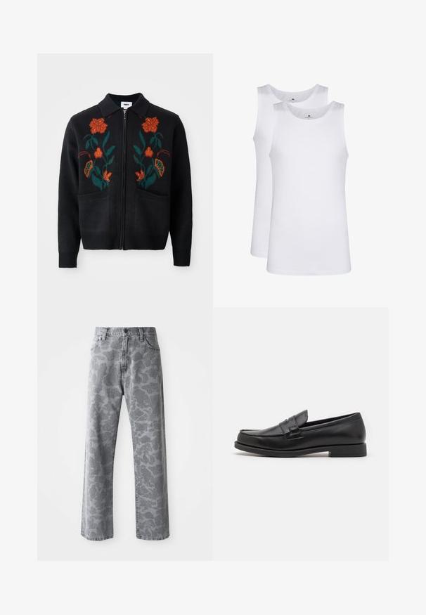 Črn cardigan z zadrgo spredaj, ovratnikom, cvetličnim vezenjem v oranžni in zeleni barvi, rebrastimi manšetami in robom ter dvema sprednjima žepoma.; Beli bombažasti topi brez rokavov, okrogli ovratnik, enostavna tekstura, izdelani iz mehkega, lahkotnega blaga. Prikazani sta dve kosi.; Sive traperice z vojnim vzorcem, ravno krojenje, pet žepov in zapiranje na gumbe.; Črne usnjene loafer čevlje s sleek oblikovanjem, zaobljenim prstom, šivnimi detajli in nizko blok peto. Gladka tekstura in minimalni dodatki.