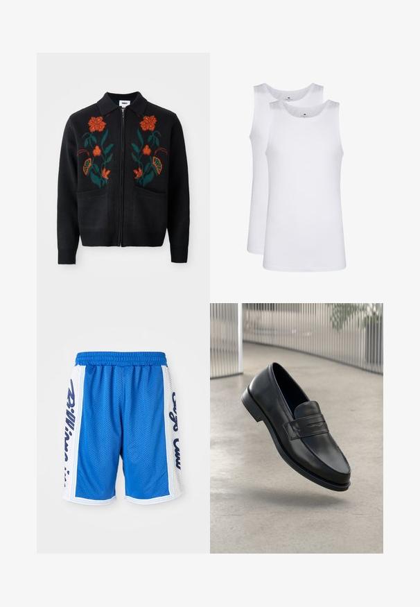 Čierny kardigán so zipsom vpredu, golierom, kvetinovou výšivkou v oranžovej a zelenej farbe, rebrovanými manžetami a lemom a s dvojicou predných vreciek.; Biele bavlnené tielka, bezrukávový dizajn, okrúhly výstrih, hladká textúra, vyrobené z jemnej a ľahkej látky. Zobrazené sú dva kusy.; Modré športové šortky z priedušnej textílie s elastickým pásom, s bielymi bočnými panelmi a čiernym nápisom na oboch stranách.; Čierna kožená mokasína s hladkou textúrou, špicatou špičkou a ozdobným remienkom cez priehlavok. Ľahká podrážka, minimalistický dizajn.