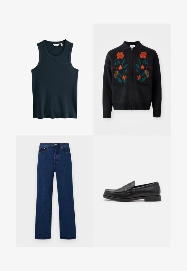 Černý kardigan se zipem vpředu, límečkem, květinovou výšivkou v oranžové a zelené barvě, žebrovanými manžetami a lemem a dvěma předními kapsami.; Tmavě modrý žebrovaný tílko s kulatým výstřihem a širokými ramínky. Žádné viditelné vzory ani akcenty. Vyrobeno z měkkého, elastického materiálu.; Tmavě modré džíny v rovného střihu, s oranžovým šitím, knoflíkovým zapínáním a dvěma předními kapsami s kontrastními nýty.; Černé kožené mokasíny s elegantním designem, zaoblenou špičkou, vyšitým detailem a nízkým blokovým podpatkem. Hladká textura a minimální akcenty.