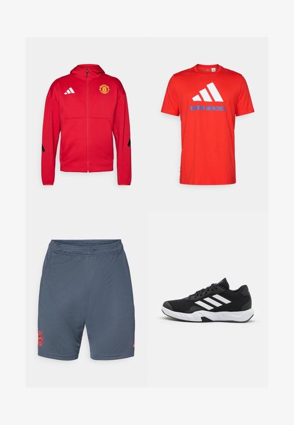 Červená zipsová bunda vyrobená z mäkkého materiálu. Obsahuje kapucňu, logo Manchester United na hrudi a biele pruhy Adidas na ramenách.; Červené bavlnené tričko s bielym logom s tromi pruhmi a textom "BAYERN MÜNCHEN" v modrej farbe. Okrúhly výstrih a krátke rukávy, jednoduchý dizajn.; Sivé futbalové šortky s elastickým pásom, s červeným vyšitým logom Bayernu Mníchov na dolnej ľavej strane. Hladká, ľahká tkanina.; Čierne športové topánky s textúrovaným sieťovinovým zvrškom, bielymi akcentovými pruhmi, polstrovanou podrážkou a spevneným pätou pre podporu.