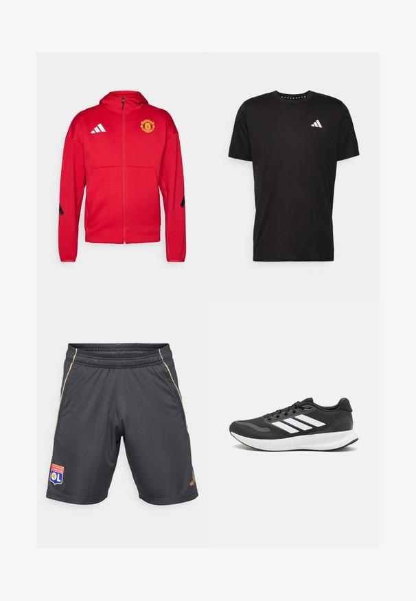 Červená zipová bunda vyrobená z měkkého materiálu. Disponuje kapucí, logem Manchester United na hrudi a bílými pruhy Adidas na ramenech.; Černé bavlněné tričko s krátkým rukávem, kulatým výstřihem a bílým logem na levé hrudi. Hladká textura a jednoduchý design.; Šedé sportovní šortky s elastickým pasem, zlatými bočními akcenty a nášivkou loga s lvem a textem na levé noze.; Černá sportovní obuv s prodyšným síťovaným svrškem, bílými akcenty a polstrovanou podrážkou. Na boku se nachází logo se třemi pruhy.