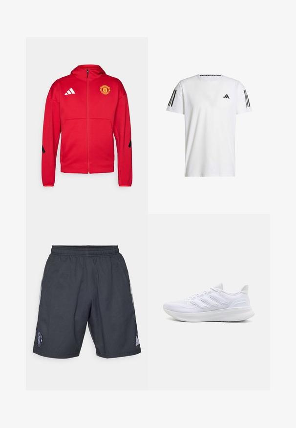 Punainen vetoketjullinen takki, joka on valmistettu pehmeästä materiaalista. Sisältää hupun, Manchester United -logon rinnassa sekä valkoiset Adidas-raidat olkapäillä.; Valkoinen lyhythihainen T-paita, joka on valmistettu hengittävästä kankaasta. Paidassa on musta kolmion muotoinen logo ja kolme mustaa raitaa jokaisella olkapäällä.; Musta urheilushortsit, jotka on valmistettu hengittävästä materiaalista. Siinä on joustava vyötärö, valkoiset sivuviivat ja Manchester Unitedin logo.; Valkoiset urheilukengät, joissa on teksturoitu verkkomateriaali ylhäällä, tukevat pehmustetut pohjat ja kolme raitaa sivussa.