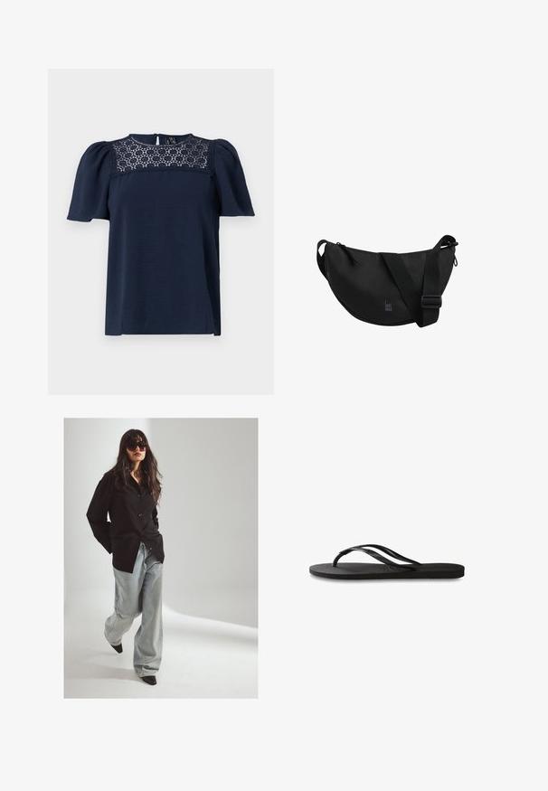 Weiße gestrickte Strickjacke mit rundem Halsausschnitt, Knopfleiste und langen Ärmeln, kombiniert mit hellblauen, plissierten Hosen.; Helltaublauer Kurzarm-Top mit strukturiertem Oberteil und einem Spitzenbesatz am Kragen. Knopfverschluss hinten, leicht puffige Ärmel.; Schwarze Knopfschal-Kurzarmbluse, hellblaue weite Jeans und schwarze, spitze Absätze. Das Model trägt große, dunkle Sonnenbrillen. Sanfte Beleuchtung, neutraler Hintergrund.; Schwarze Flip-Flops mit einer strukturierten Gummisohle, zwei schlanken Riemen und einem dezenten, geprägten Logo-Detail auf dem Riemen.; Schwarze Umhängetasche mit einer geschwungenen Form, aus strapazierfähigem Stoff gefertigt. Verfügt über einen breiten, verstellbaren Tragegurt und ein dezentes Logo, das auf der Vorderseite aufgedruckt ist.