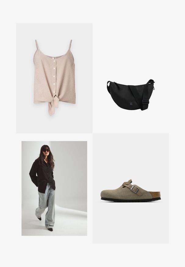 White knitted cardigan with a round neckline, button front closure, and long sleeves, paired with light blue, pleated pants.; Striped sleeveless top in cream and peach tones, featuring a button front and a knot detail at the hem. Lightweight fabric with a relaxed shape.; Black button-up shirt, light blue wide-leg jeans, and pointed black heels. Model wears large dark sunglasses. Soft lighting, neutral background.; Suede clogs in light olive green with a molded cork and rubber sole. Features a side strap with a metal buckle and a rounded toe.; Black sling bag with a curved shape, made of durable fabric. Features a wide adjustable strap and a subtle logo printed on the front.