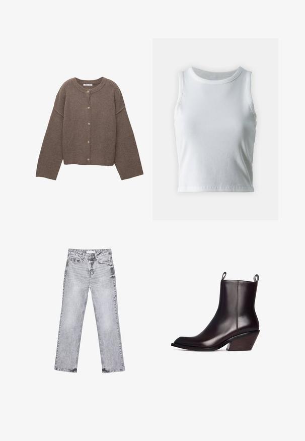 Ruskea neulottu neuletakki pyöreällä pääntiellä, pitkillä dolman-hihansuilla ja viidellä napilla edessä. Resoroitu helma ja hihansuut. Pehmeä koostumus.; Valkoinen poimutettu hihaton toppi, jossa on pyöreä kaula-aukko, suora helma ja sileä, joustava materiaali.; Harmaat farkut suoran lahkeen leikkauksella, kulutettu yksityiskohtia, viisi taskua ja kuparinappi. Vyötärönauha sisältää logotagin.; Tummanruskea nahkainen nilkkabootsi, jossa on terävä kärki, teksturoitu puinen korko ja vetoketjulliset läpät kummallakin puolella helppoa pukemista varten.