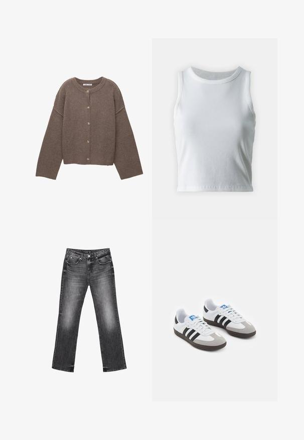 Smeđa pletena vesta s okruglim izrezom, dugim dolman rukavima i pet dugmadi sprijeda. Rebrasti rub i manšete. Mekana tekstura.; Bjela rebrasta majica bez rukava s okruglim izrezom i ravnim rubom, koja ima glatku i rastezljivu teksturu.; Crne traperice od denima ravnog kroja, s izblijedjelim teksturom i pet džepova. Imaju petlje za remen i zatvarač.; Sportske cipele s gornjištem od bijele kože, sivi suedinasti nos i tri crne pruge. Imaju plavi logo na jeziku i teksturiranu gumenu podlogu.