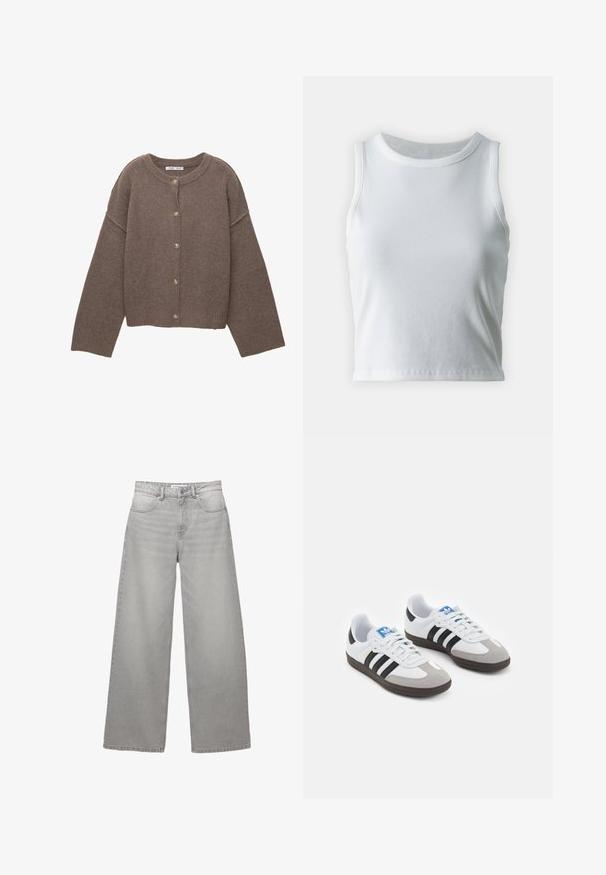 Barna kötött kardigán kerek nyakkivágással, hosszú dús ujjakkal és öt gombbal az elején. Bordázott szegély és mandzsetta. Puha textúra.; Fehér bordázott ujjatlan top kerek nyakkivágással, egyenes szegéllyel és sima, rugalmas textúrával.; Széles szárú, szürke farmernadrág magas derékkal, öt zsebbel, cipzáras résszel és látható varrással. Puha tapintású, megfakult felület.; Fehér bőr felsőrészes sportcipő, szürke velúrból készült orral és három fekete csíkkal. Jellemzője a kék logó a nyelvén és egy texturált gumitalp.