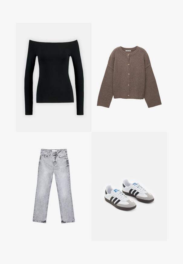 Ruskea neulottu neuletakki pyöreällä pääntiellä, pitkillä dolman-hihansuilla ja viidellä napilla edessä. Resoroitu helma ja hihansuut. Pehmeä koostumus.; Musta pitkähihaainen paita, jossa on olkaimeton muotoilu. Valmistettu sileästä kankaasta, siinä on istuva malli ja saumatonta rakennetta.; Harmaat farkut suoran lahkeen leikkauksella, kulutettu yksityiskohtia, viisi taskua ja kuparinappi. Vyötärönauha sisältää logotagin.; Urheilukengät, joissa on valkoinen nahkainen päällinen, harmaa mokkanokka ja kolme mustaa raitaa. Ominaisuuksina sininen logo kielekkeessä ja kuvioitu kumipohja.