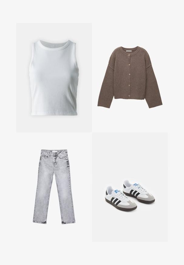 Ruskea neulottu neuletakki pyöreällä pääntiellä, pitkillä dolman-hihansuilla ja viidellä napilla edessä. Resoroitu helma ja hihansuut. Pehmeä koostumus.; Valkoinen poimutettu hihaton toppi, jossa on pyöreä kaula-aukko, suora helma ja sileä, joustava materiaali.; Harmaat farkut suoran lahkeen leikkauksella, kulutettu yksityiskohtia, viisi taskua ja kuparinappi. Vyötärönauha sisältää logotagin.; Urheilukengät, joissa on valkoinen nahkainen päällinen, harmaa mokkanokka ja kolme mustaa raitaa. Ominaisuuksina sininen logo kielekkeessä ja kuvioitu kumipohja.