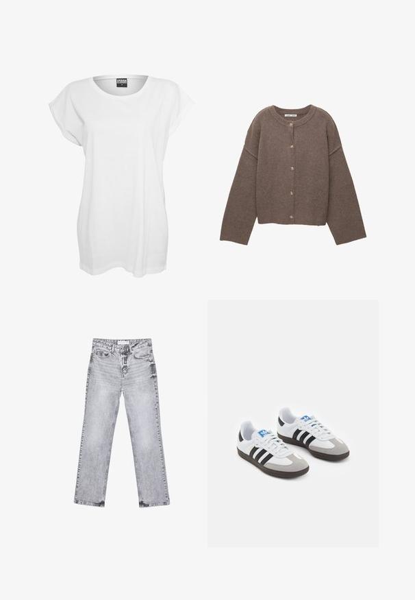 Brązowy dziergany kardigan z okrągłym dekoltem, długimi rękawami typu dolman i pięcioma guzikami z przodu. Prążkowany dół i mankiety. Miękka tekstura.; Biała koszulka z krótkim rękawem, wykonana z bawełny, charakteryzująca się luźnym krojem, szerokim dekoltem oraz minimalistycznym wzornictwem bez wzorów czy akcentów.; Szare dżinsy o prostym kroju nogawki, z przetarciami, pięcioma kieszeniami i miedzianymi nitami. Pasek w talii posiada metkę z logo.; Buty sportowe z białą skórzaną cholewką, szarym zamszowym noskiem i trzema czarnymi paskami. Posiadają niebieskie logo na języku oraz teksturowaną gumową podeszwę.