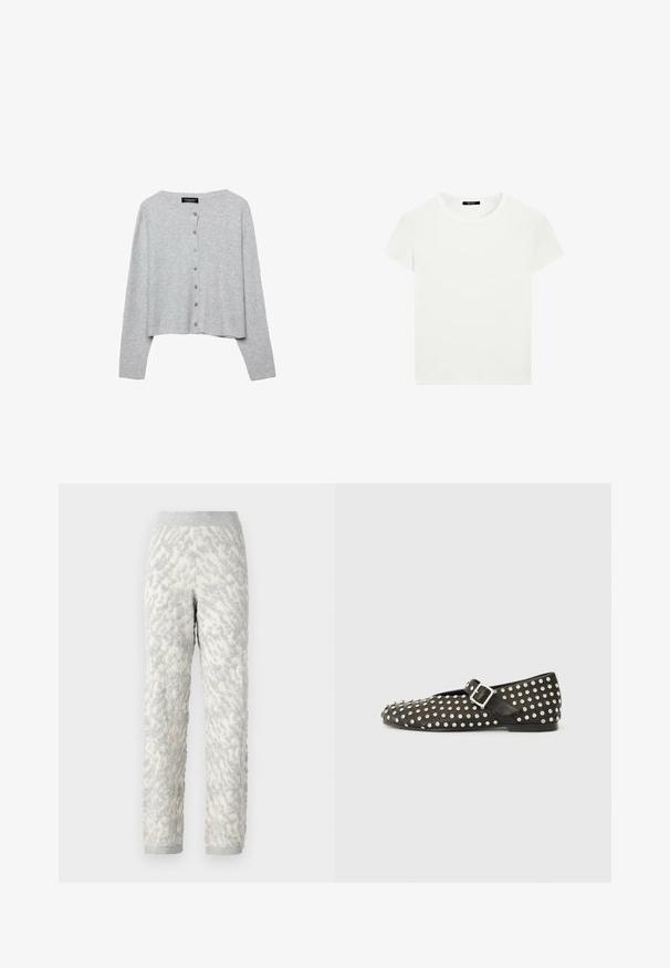 Ljusgrå cropped cardigan i ribbad stickad material, med rundad halsringning och sex matchande knappar fram.; Rak vit kortärmad t-shirt med rund halsringning och slim fit, lagd platt mot en vit bakgrund.; Texturerade loungebyxor i elfenben med grå mönster, med mjukt tyg, elastisk midja och ribbade muddar.; Svart platåsko i läder, med metallspikar och en sidspänne. Designen har en spetsig tå och en strukturerad yta.