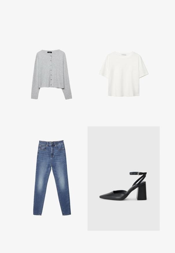Světle šedý zkrácený kardigan vyrobený z rib pleteniny, s kulatým výstřihem a šesti ladícími knoflíky vpředu.; Bílý krátký rukáv tričko vyrobené z bavlny. Má kulatý výstřih a volný střih. Hladký materiál bez viditelných vzorů nebo akcentů.; Modré džínové kalhoty se rovnou nohavicemi, pěti kapsami a viditelným šitím. Tkanina má vybledlou strukturu s hladkým povrchem.; Černé kožené lodičky se špičatou špičkou, kotníkovým páskem a silným podpatkem. Hladká textura, elegantní design a minimalistická estetika.