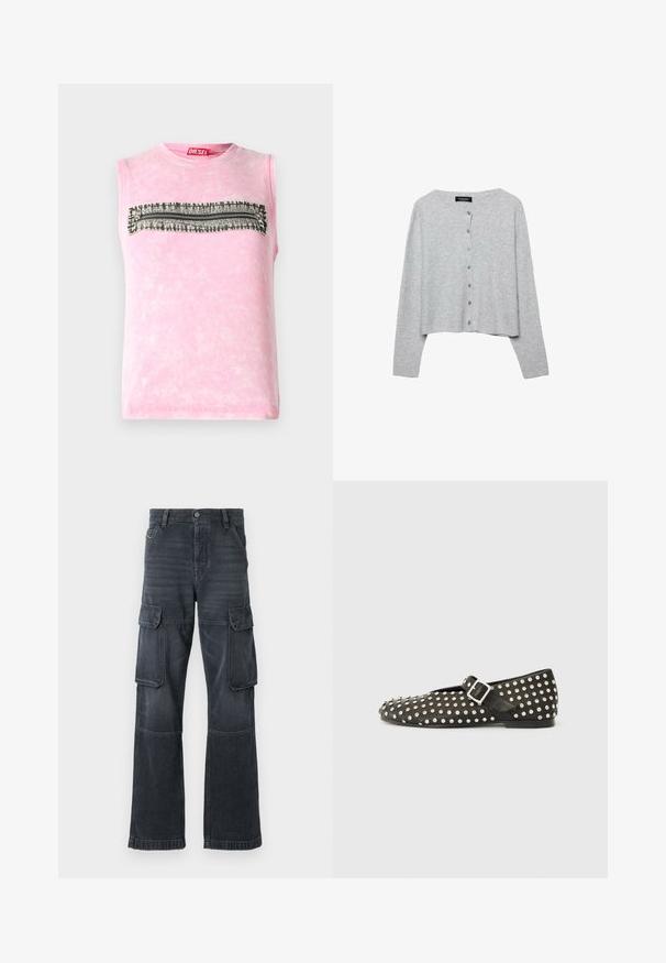 Svetlosivý skrátený cardigan vyrobený z rebrového pleteného materiálu, s okrúhlym výstrihom a šiestimi zhodnými gombíkmi na prednej strane.; Ružový bavlnený tričko bez rukávov s horizontálnym čierno-bielym prúžkom cez hruď. Okrúhly výstrih, jemná textúra.; Tmavošedé cargo nohavice vyrobené z denimu, s dvoma bočnými vreckami a širokým strihom. Stehy pozdĺž švov a okrajov.; Čierne ploché topánky vyrobené z kože, s kovovými nitmi a bočnou prackou. Dizajn obsahuje špicatú špičku a textúrovaný povrch.