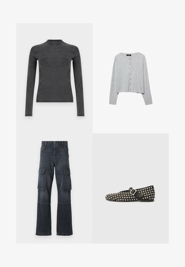 Lys grå cropped cardigan lavet af ribstrikket materiale, med en rund halsudskæring og seks matchende knapper foran.; Sort langærmet top lavet af ribbet stof, med en høj halsudskæring og slim fit. Syningerne fremhæver formen.; Mørkegrå cargo bukser lavet af denim, med to sidelommer og en bred ben design. Syede detaljer langs sømme og kanter.; Sorte flade sko lavet af læder, med metalliske nitter og en spænde på siden. Designet inkluderer en spidse tå og en struktureret overflade.