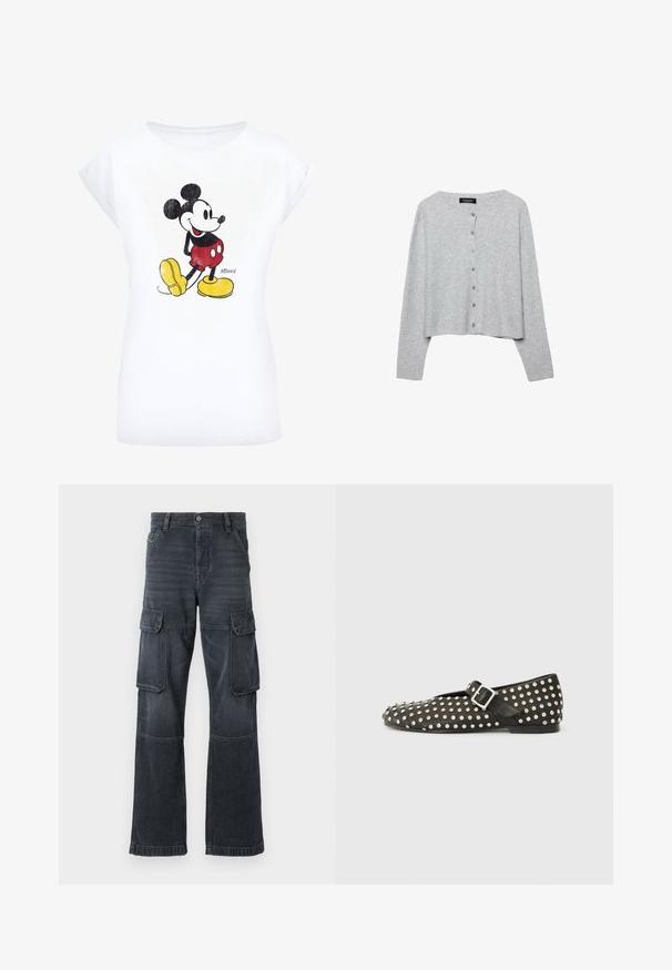 Lys grå cropped cardigan lavet af ribstrikket materiale, med en rund halsudskæring og seks matchende knapper foran.; Hvid bomulds t-shirt med et vintage Mickey Mouse grafik i sort, rød og gul. Rund halsudskæring og korte ærmer.; Mørkegrå cargo bukser lavet af denim, med to sidelommer og en bred ben design. Syede detaljer langs sømme og kanter.; Sorte flade sko lavet af læder, med metalliske nitter og en spænde på siden. Designet inkluderer en spidse tå og en struktureret overflade.