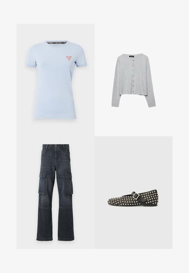 Svetlosivý skrátený cardigan vyrobený z rebrového pleteného materiálu, s okrúhlym výstrihom a šiestimi zhodnými gombíkmi na prednej strane.; Svetlo modré bavlnené tričko s krátkymi rukávmi. Na prednej strane sa nachádza červené trojuholníkové logo na ľavom prsisku a čierna potlačená nálepka vo vnútri krku.; Tmavošedé cargo nohavice vyrobené z denimu, s dvoma bočnými vreckami a širokým strihom. Stehy pozdĺž švov a okrajov.; Čierne ploché topánky vyrobené z kože, s kovovými nitmi a bočnou prackou. Dizajn obsahuje špicatú špičku a textúrovaný povrch.